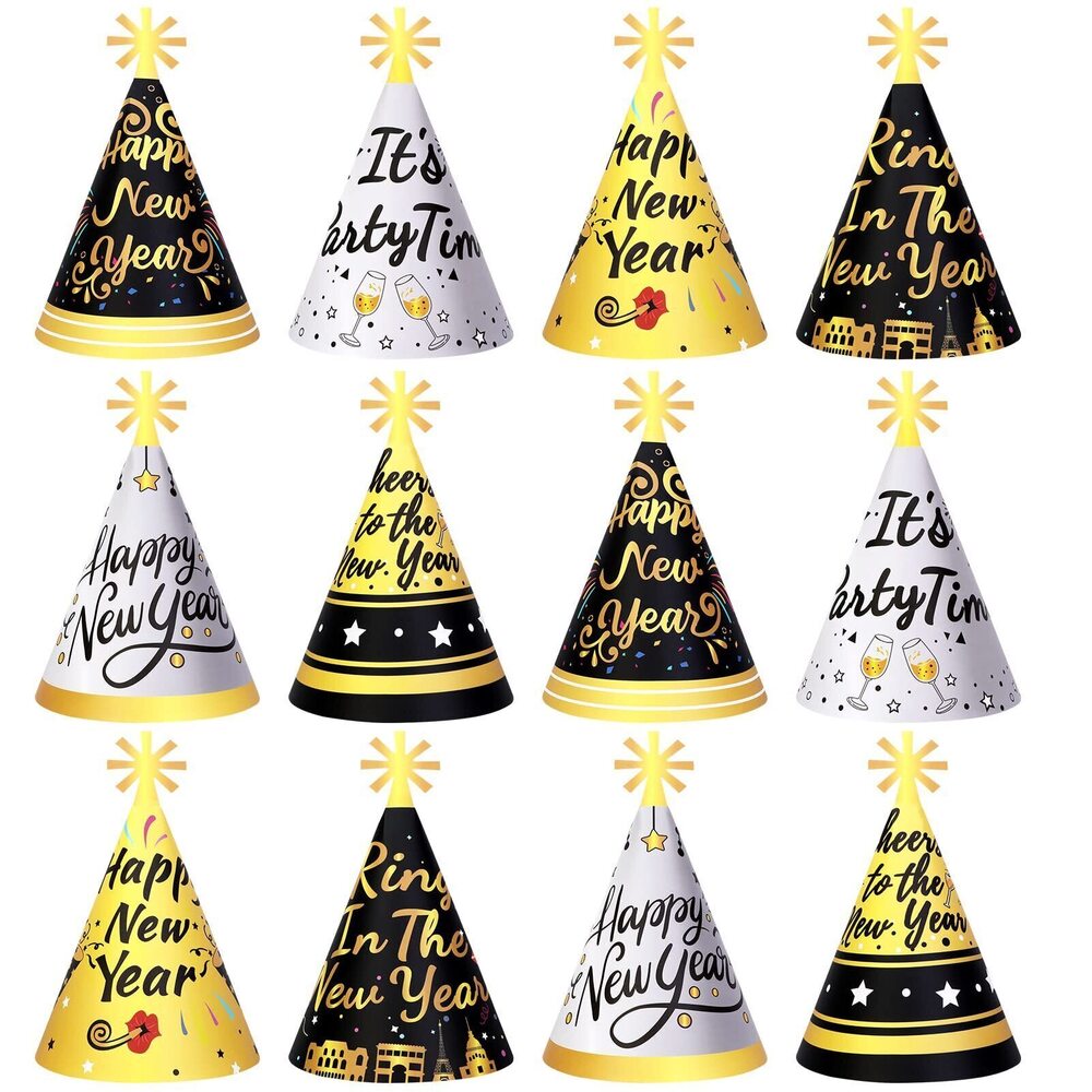 1480 12 Pack Black Gold Silver New Years Eve Hats, New Years Eve Party